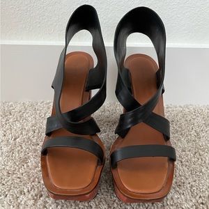 Charles Jourdan Paris Black Leather Platform Wooden Sandal Pumps Size 8